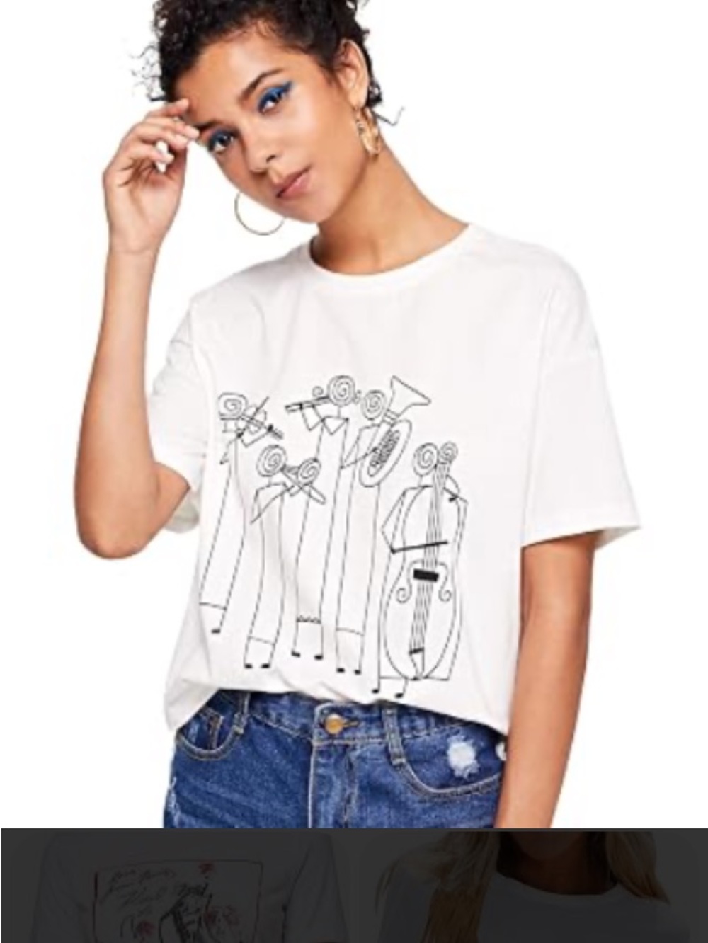 White Short-Sleeve Tee with Black Jazz Band Line Art